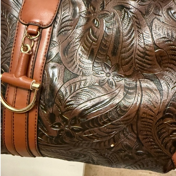 Boho chic embossed leather Top Handle Bag in shades of brown with gold hardware - Picture 8 of 16